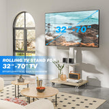 Rfiver Sleek Rolling TV Stand with Power Outlet for Home Decor, Height Adjustable Portable TV Stand on Wheels for 32-70 Inch TVs, Strong Tall Mobile TV Cart with Mount Up to 88 lbs, White Rfiver