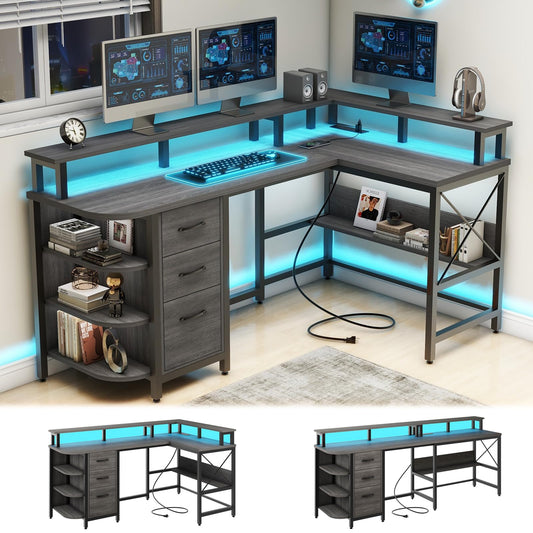 67" L Shaped Computer Desk with LED Lights and Power Outlets, Reversible L Shaped Gaming Desk with 3 Drawers Hutch Monitor Stand, Home Office Desk with USB Port Home Office