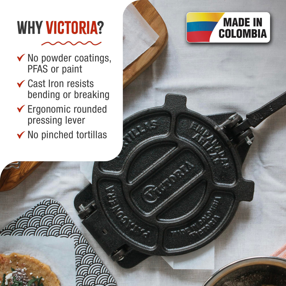 Victoria Cast Iron Tortilla Press, Tortilla and Roti Maker, Made in Colombia, 8 Inches Victoria