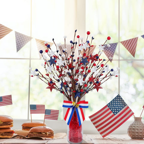 Shitailu 4 Pack Patriotic Artificial Berry Stem Picks White Blue Red Stars for 4th of July Independence Day, Pentagram Faux Berry Branches Decoration for Home Office Restaurant Vase Décor Shitailu