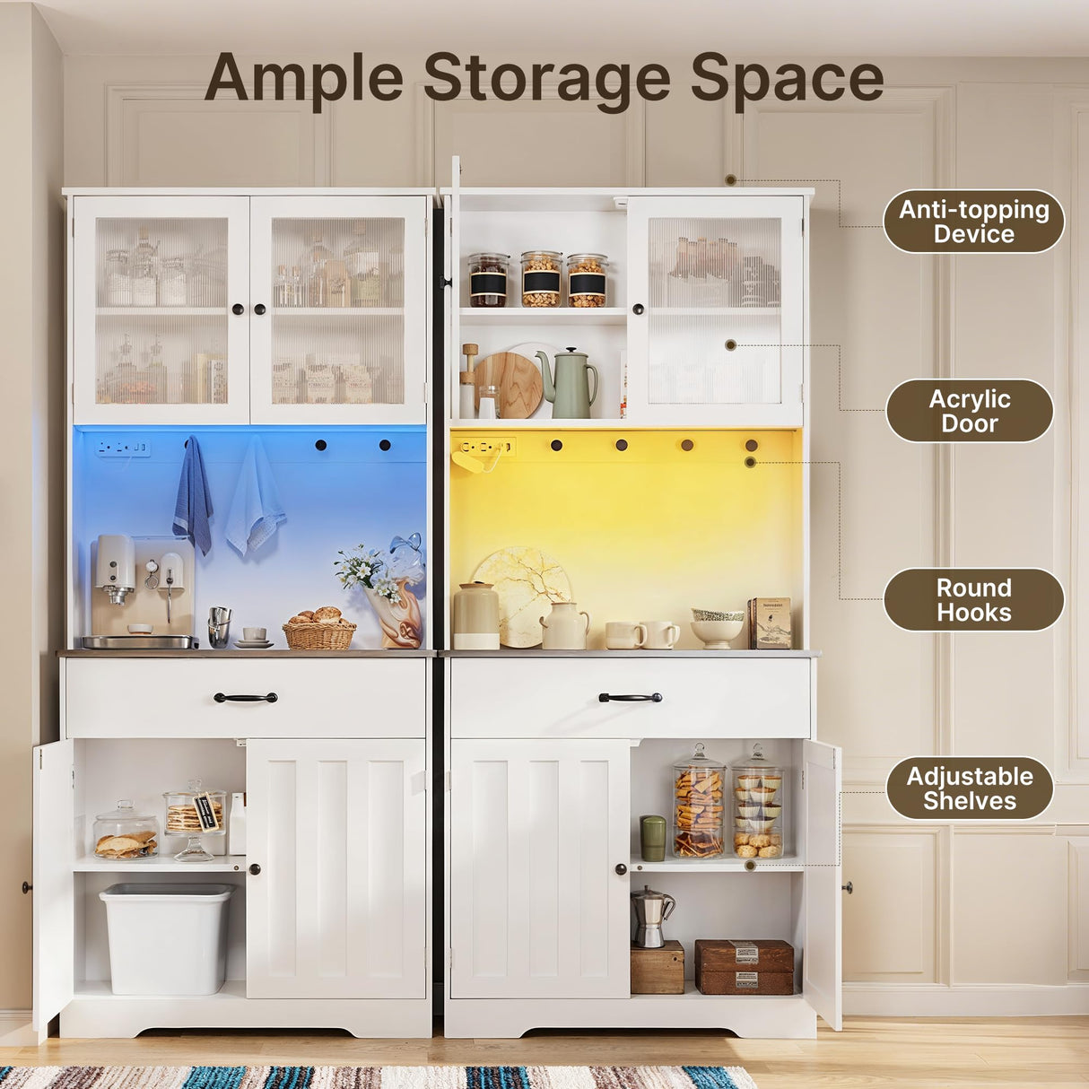 Gizoon 71" H Pantry Cabinet with LED Lights, Tall Farmhouse Kitchen Storage Cabinet with Charging Station, Modern Coffee Bar with Doors and Drawers, for Dining Room, Tabletop-Grey Gizoon