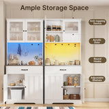 Gizoon 71" H Pantry Cabinet with LED Lights, Tall Farmhouse Kitchen Storage Cabinet with Charging Station, Modern Coffee Bar with Doors and Drawers, for Dining Room, Tabletop-Grey Gizoon