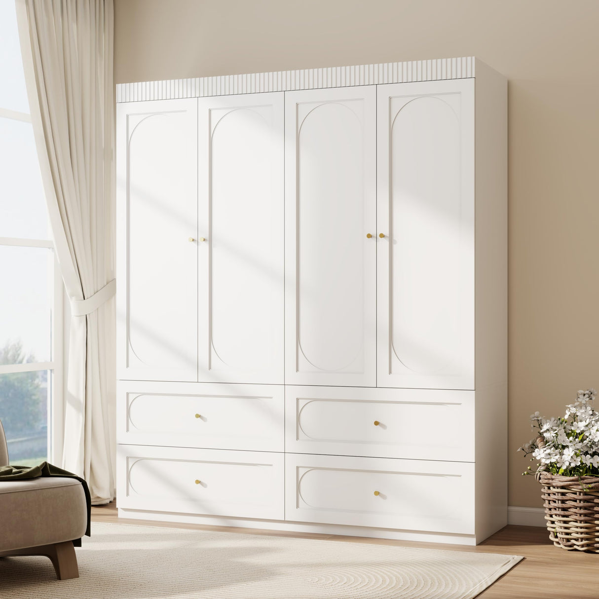LABROSKIA Bedroom Armoire Wardrobe Closet with 4 Drawers: 74" White 4 Doors Wood Storage Cabinet, Hanging Rod and Ample Storage Space (Modern, White) LABROSKIA