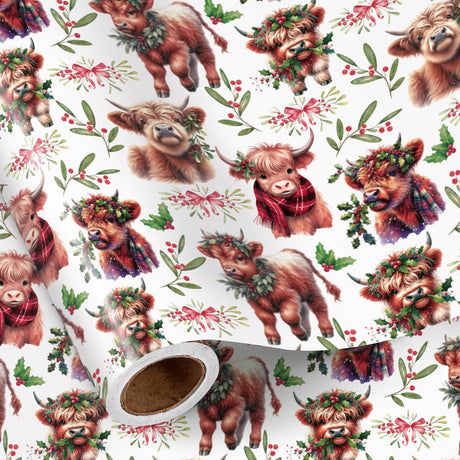 RUSPEPA Christmas Cow Wrapping Paper Roll, Mini Roll, Cute Highland Cow with Wreath & Scarf, Floral and Greenery, Gift Wrap for Kids, Women, Family, Farmhouse Style Xmas Gifts, 17 Inches x 16.4 Feet RUSPEPA