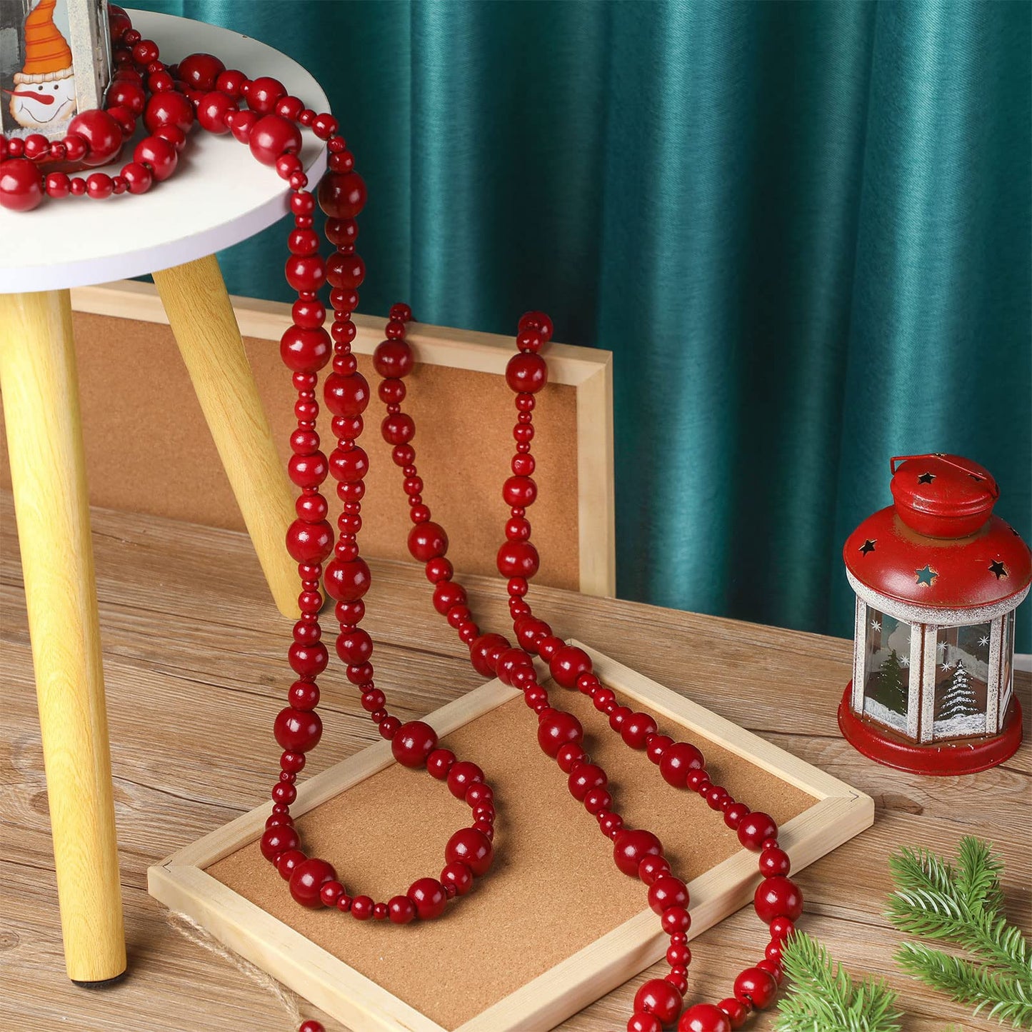 2 Pcs/ 16.4 Feet Christmas Wood Bead Garland Rustic Christmas Wooden Beads Decorative Christmas Tree Wood Beaded Garland Decor Farmhouse Boho Ornaments for Christmas Decoration Supplies (Dark Red)