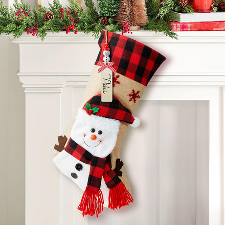 Minetom Christmas Stockings with Personalized Name Tag, 18" Christmas Stocking Snowman Burlap Plaid Xmas Stocking Holiday Christmas Decoration Gifts for Family Kids Minetom