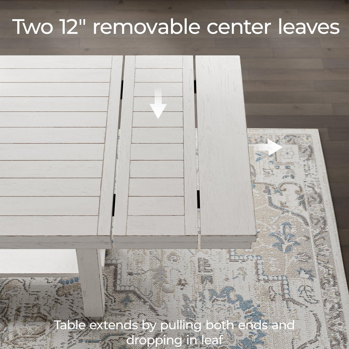 Signature Design by Ashley Robbinsdale Farmhouse Distressed Counter Height Dining Extension Table with Trestle Base, Planked Effect and 2 Removable End Leaves, White Signature Design by Ashley