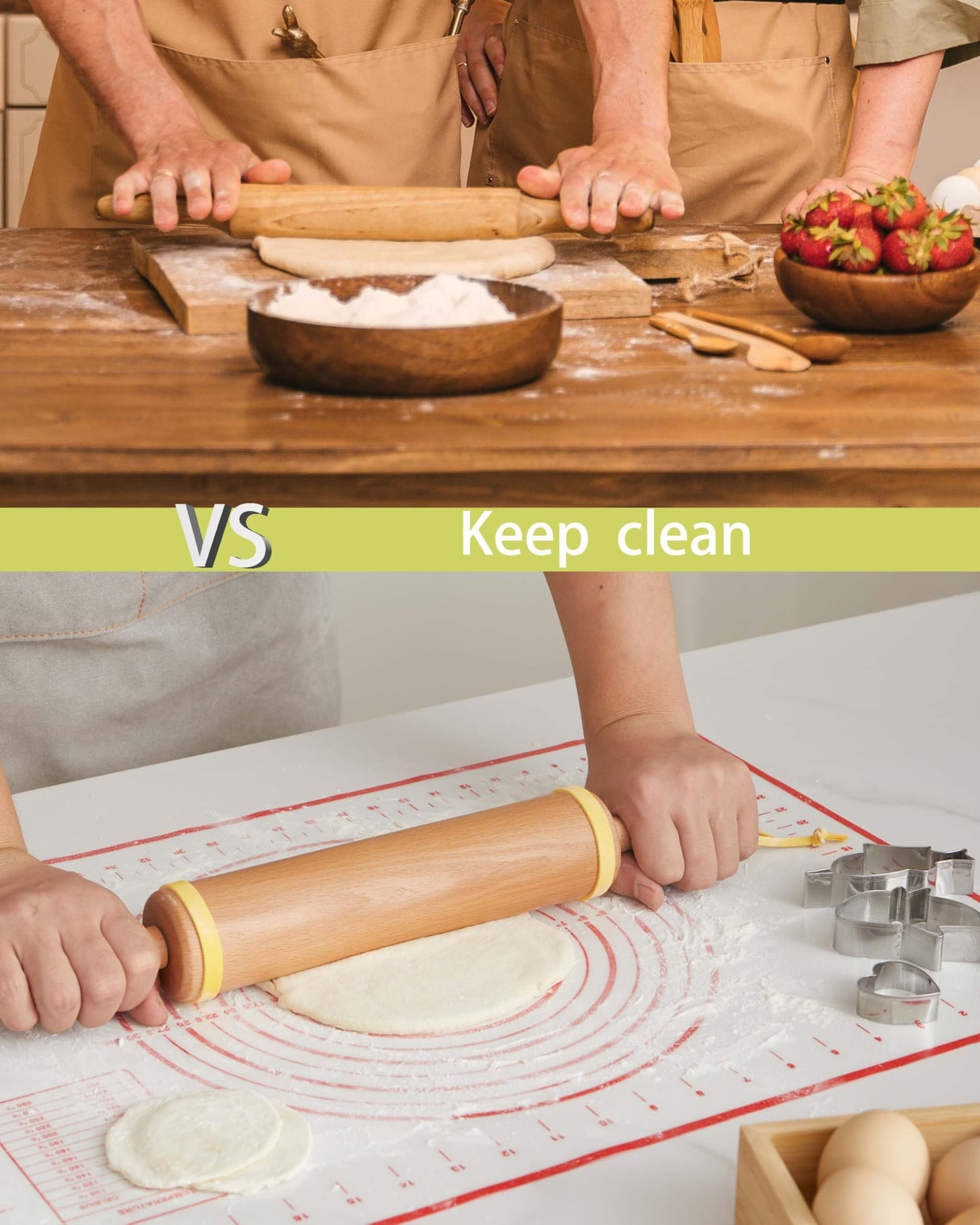 VINOIL Classic Wood Rolling Pin, 17" Rolling Pins for Baking with Silicone Mat and Adjustable Thickness Rings, Pasta Roller with Wood Base, Fondant Roller for Pie Crust, Cookies, Pizza Dough and Bread Vinoil