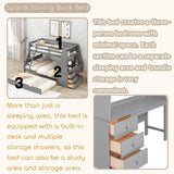 Twin Over Full Bunk Beds with Trundle and Desk Wood Bunk Bed Frame with Three Storage Drawers and One Shelf for Kids Boys Girls Teens, Gray Bellemave