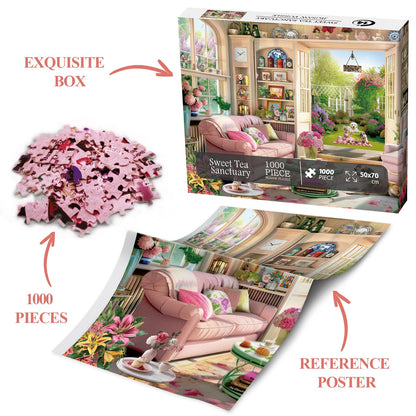 Tea Time Cabin Puzzle 1000 Piece for Adults, Book Cozytime Garden Jigsaw Puzzles, Dog Plant Puzzle