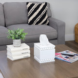 AuldHome Beaded Square Tissue Box Cover (White); Rustic Farmhouse Wood Tissue Holder AuldHome Design