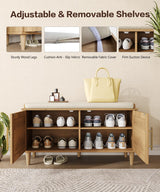 Akxomel Natural Rattan Shoe Storage Bench with Cushion, Entryway Shoe Cabinet Bench with 2 Doors, 15"D x 31.5"W x 20"H, Wooden Shoe Organizer, Adjustable Shelf, Solid Wood Legs, for Hallway, Bedroom Akxomel
