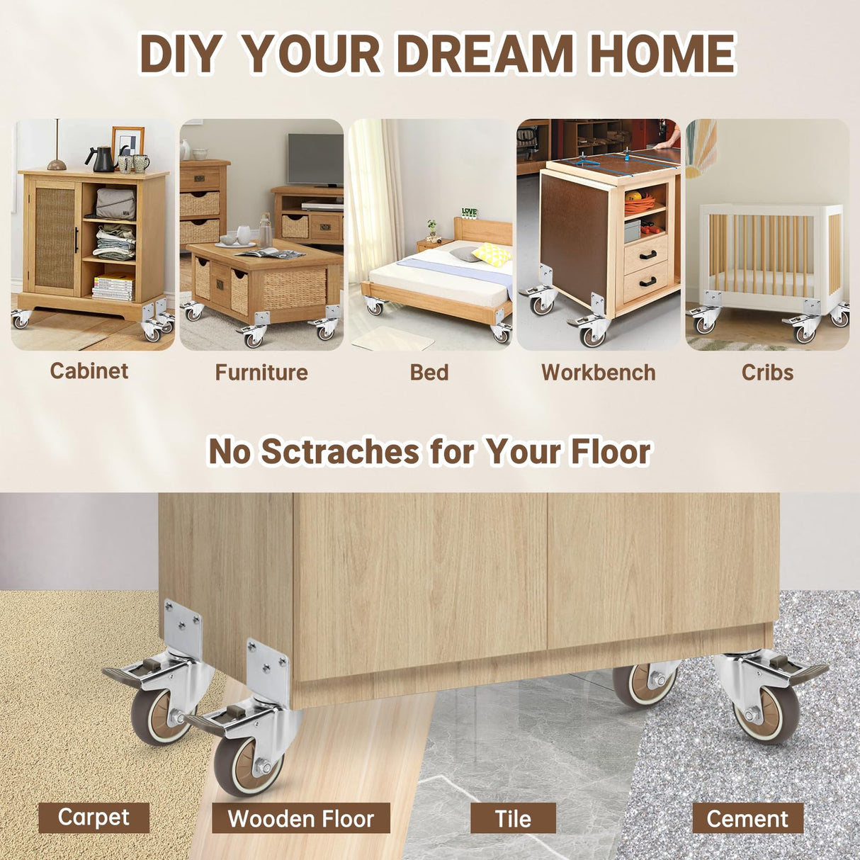 W B D WEIBIDA 3 Inch Side Mount Casters Wheels, L-Shaped Rubber Casters Set of 4, 360 Degree Ball Bearing Swivel Casters, Heavy Duty Casters Wheels for Workbench, Baby Beds, Cabinets, Tables W B D WEIBIDA