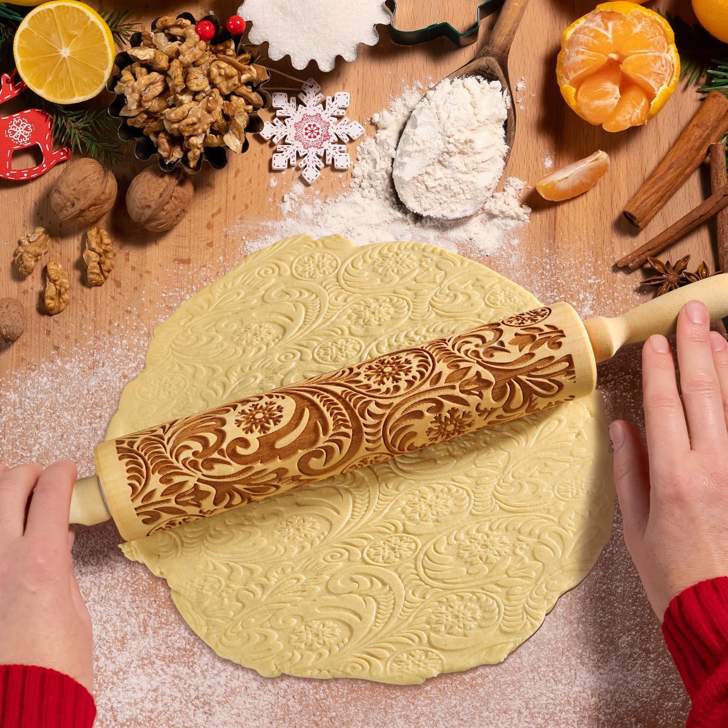 Embossed Wooden Rolling Pin with Carved Natural Wood and Snowflake Flower Pattern for New Year and Valentine's Day Baking. Cute Kitchen Tool for Kids and Adults to Emboss Cookies