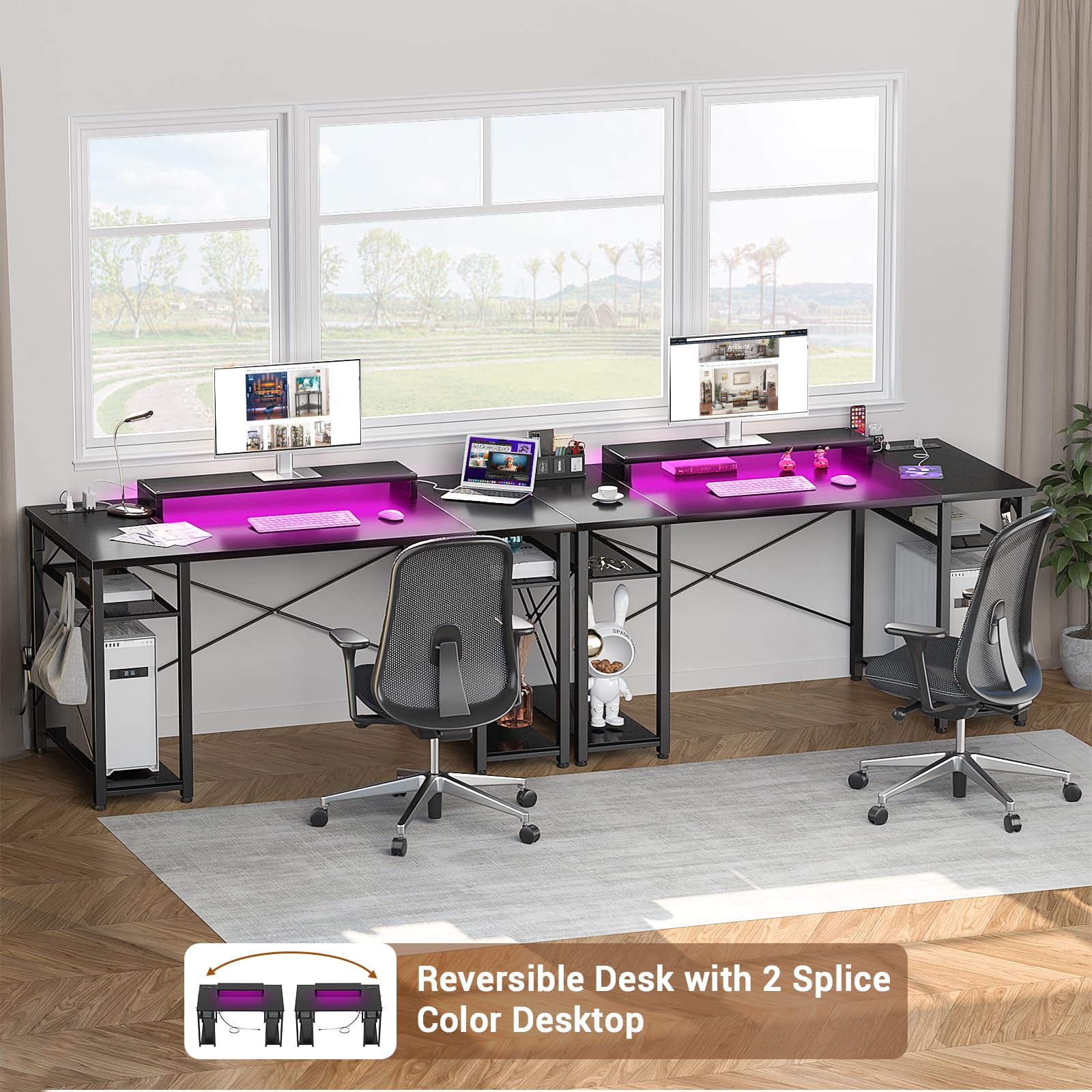 armocity Computer Desk with LED Lights, 48 Inch Reversible Large Desk with Power Outlet and USB, 48'' Gaming PC Table with Moveable Monitor Stand for Home Office, Workstation, Black - WoodArtSupply