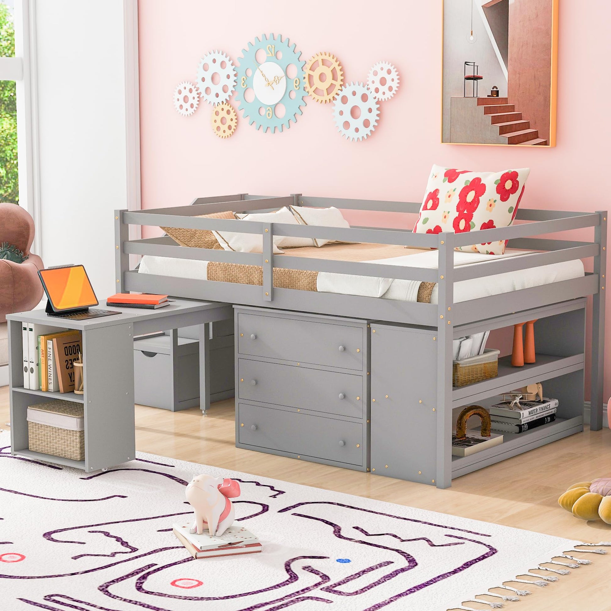 Harper & Bright Designs Grey Full Low Loft Bed with Storage, Stairs, and Rolling Desk - WoodArtSupply