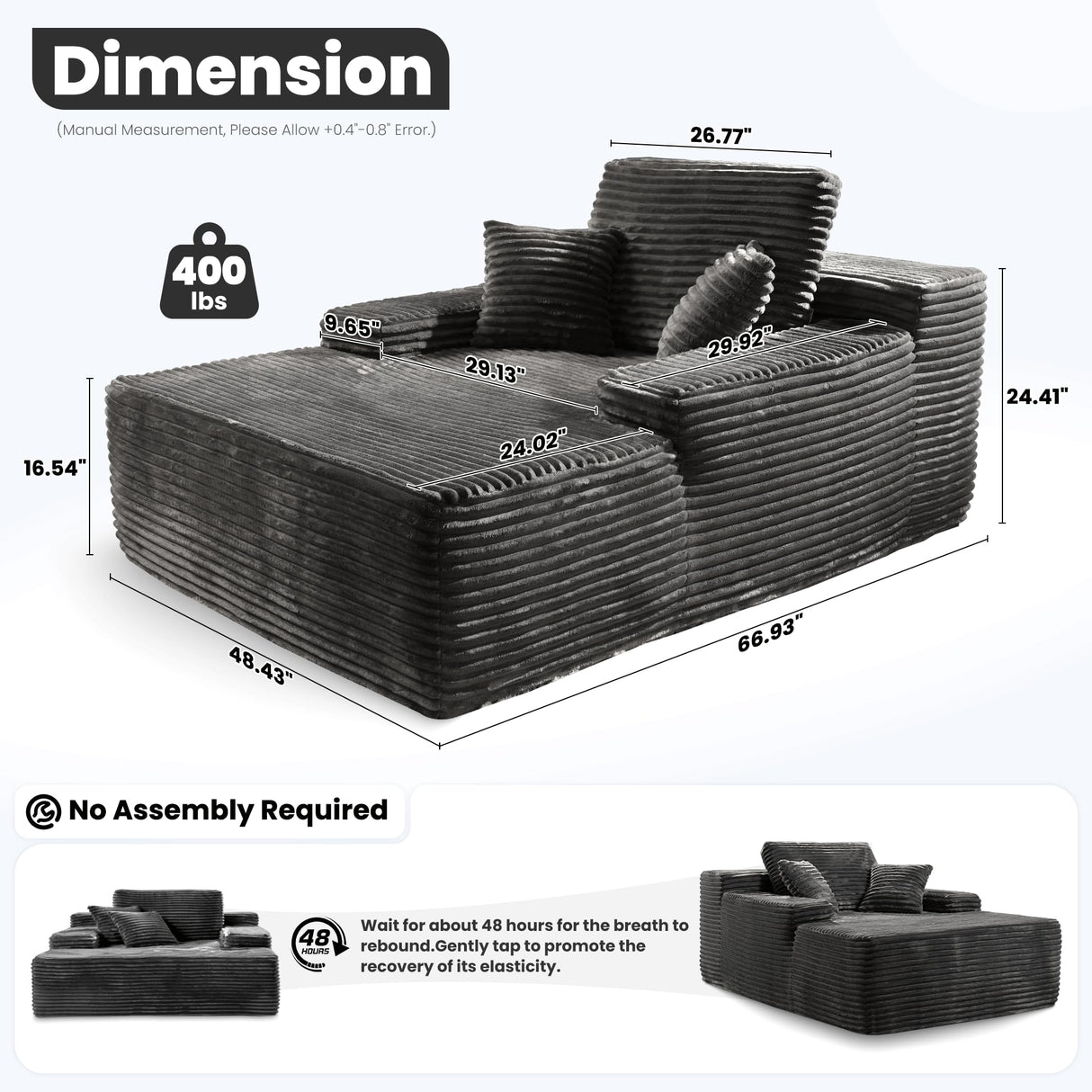 ovios 67''x48'' Chaise Lounge Chair Indoor, Upholstered Sofa Bed with 2 Throw Pillows and Armrests, Comfy Fluffy Plush Oversized Sleeper Couch for Living Room, Grey ovios