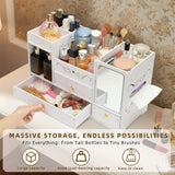 Wtufaelk Wooden Makeup Organizer for Vanity - Large White Countertop Organizer with Mirror, 3 Drawers & Brush Holder | Cosmetic & Skincare Storage Desk Organizer for Dorm, Bathroom Wtufaelk