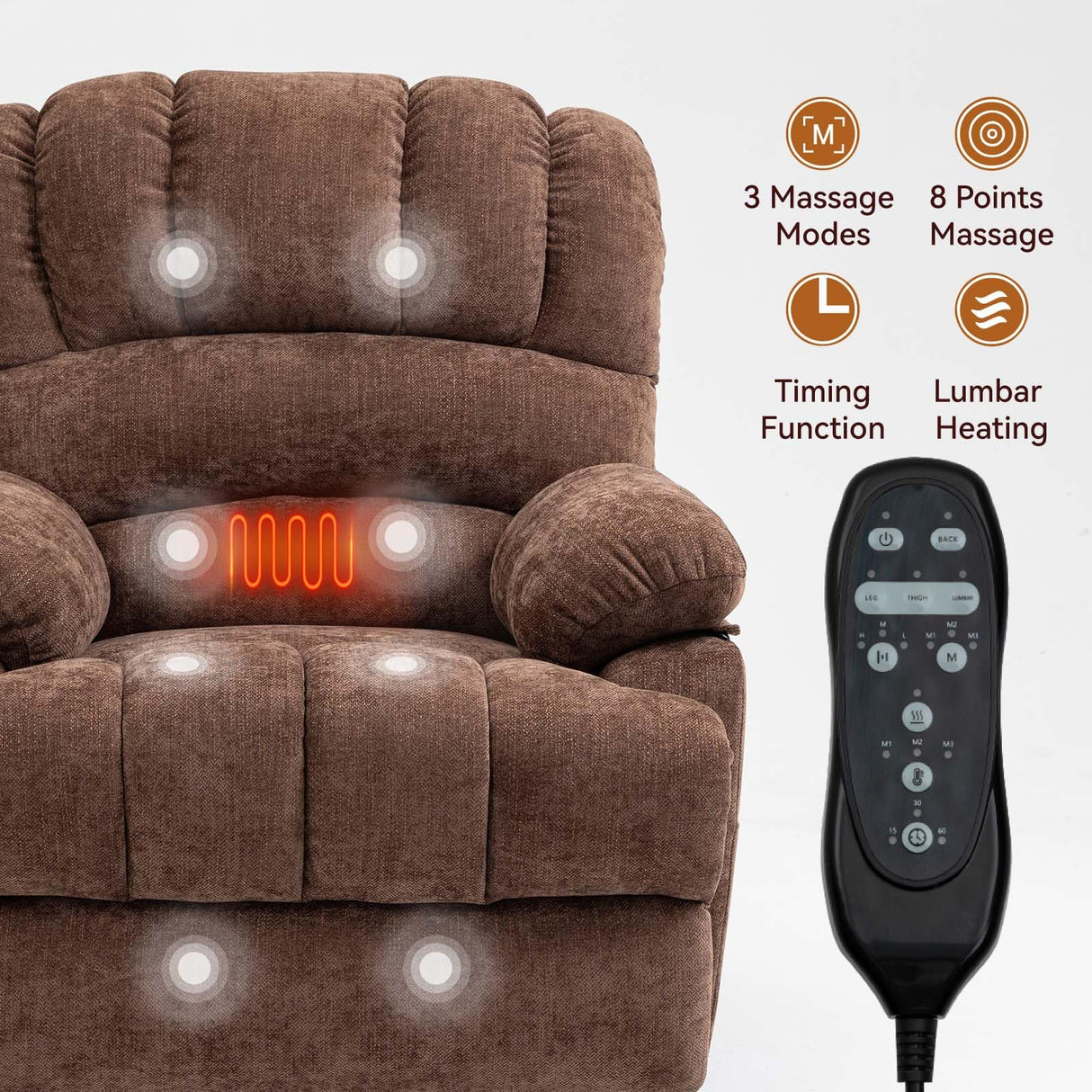 Large Power Lift Recliner Chairs with Massage and Heat for Elderly, Heavy Duty and Safety Motion Reclining Mechanism Chenille Skid Fabric Recliner Chair with USB Ports for Living Room (Dark Brown) MTSVMP