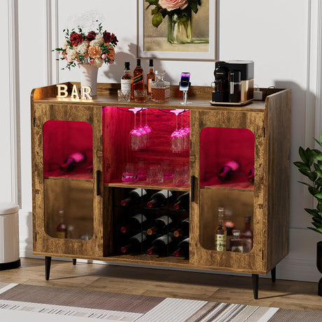 Hyomdeck Rustic Brown Liquor Cabinet with LED Lighting, Power Outlet & Versatile Storage Solutions Hyomdeck