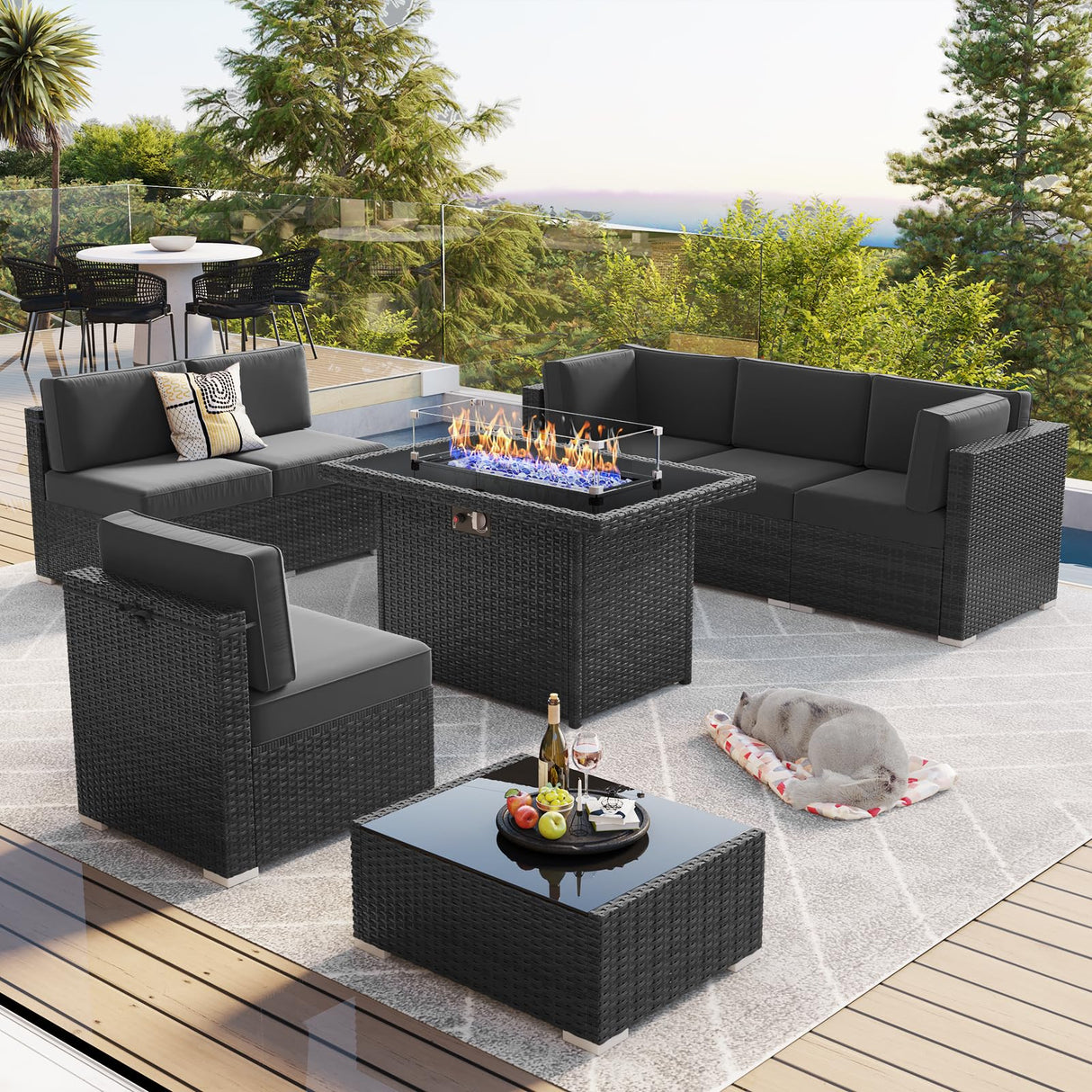 LayinSun 8 Piece Patio Furniture Set with 44" Propane Gas Fire Pit Table, Outdoor Sectional Conversation Set Wicker Rattan Sofa Set with Coffee Table LayinSun
