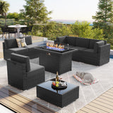 LayinSun 8 Piece Patio Furniture Set with 44" Propane Gas Fire Pit Table, Outdoor Sectional Conversation Set Wicker Rattan Sofa Set with Coffee Table LayinSun