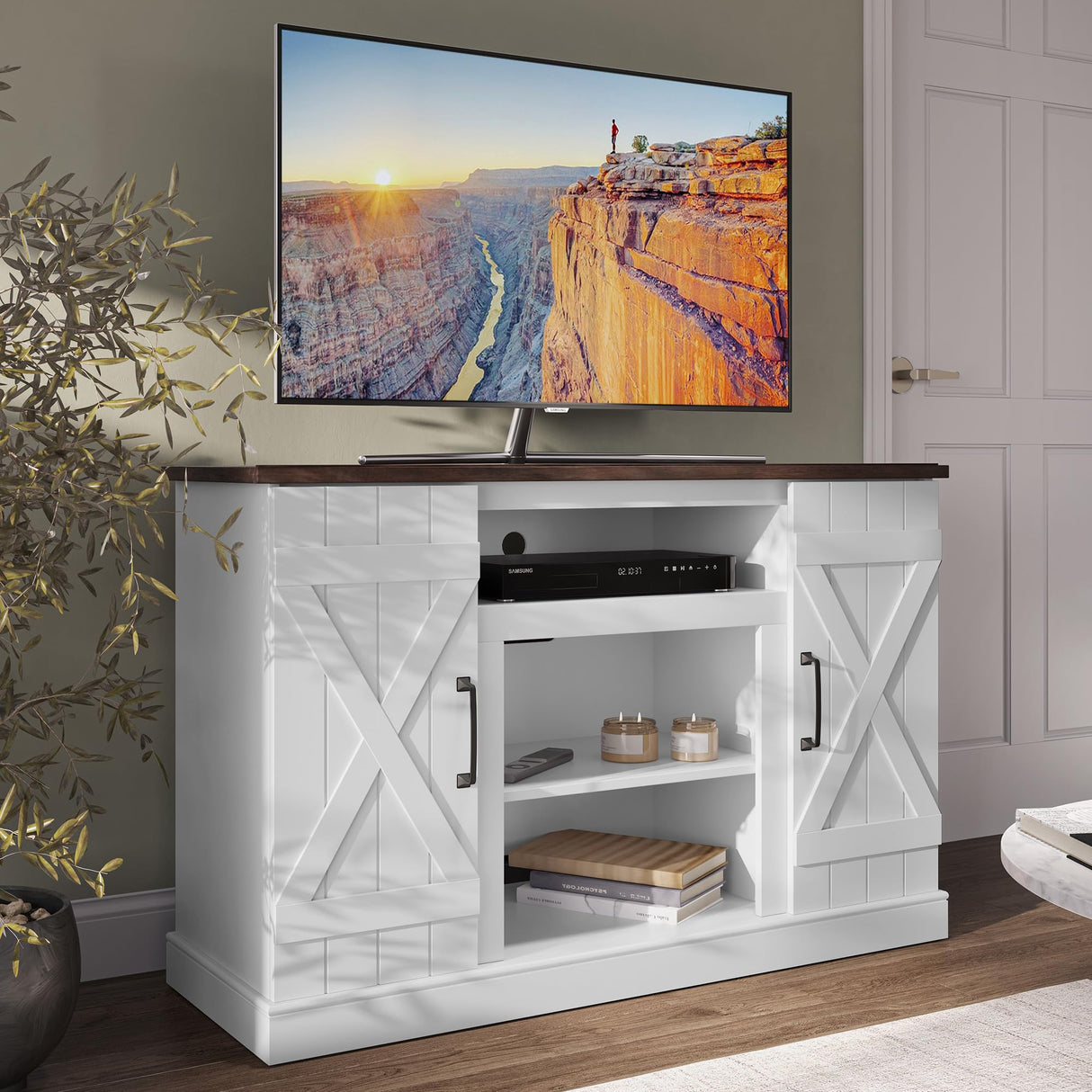 BELLEZE Industrial 47 Inch Rustic Wood TV Stand & Media Entertainment Center Console Table for TVs up to 50 Inch with Open Storage Shelves & Cabinets - Veropeso (White) BELLEZE