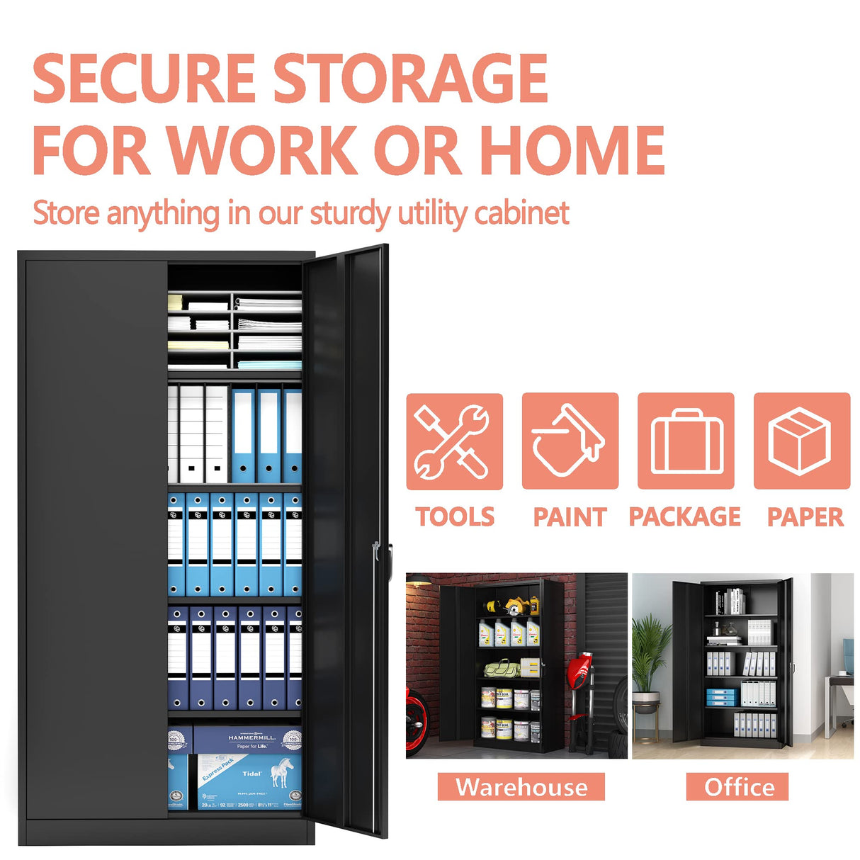 Reemoon Metal Storage Cabinet with Locking Doors and Adjustable Shelves, 72" Tall Steel Storage Cabinet for Home Office, Black Reemoon