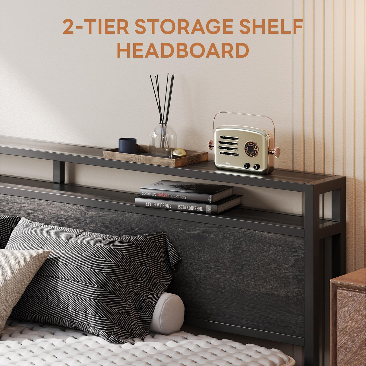 LIKIMIO King Bed Frame with Headboard, Dark Wood Camas King with Strong Supports, Sturdy, Noise-Free, No Box Spring Needed, Charcoal Grey LIKIMIO