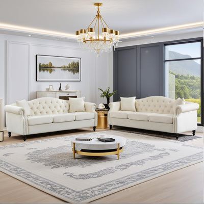 amervanito 2 Piece Modern Beige Velvet 79" 3-Seater Sofa Sets, Chesterfield Button Tufted Nailhead Combination Couch with 4 Pillows, Trimming Curved Backrest & Rolled Arm Sofa for Living Room