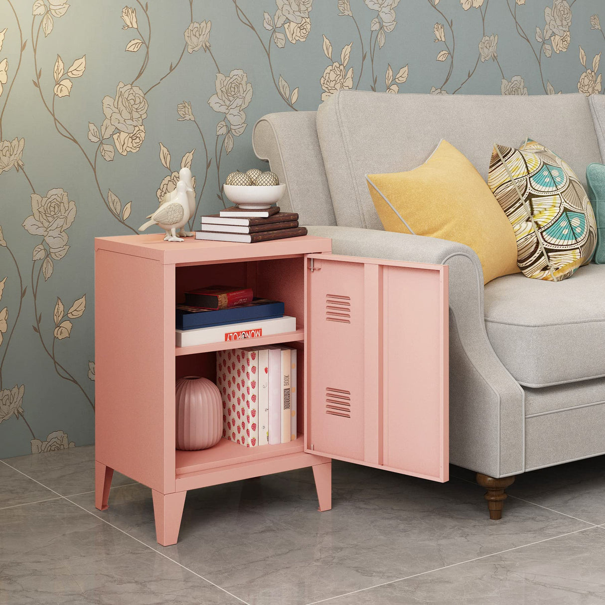 MIOCASA Nightstand Modern End Side Table Steel Bedside Storage Cabinet with Shelf Easy Assembly for Living Room Bedroom (Pink) MIOCASA