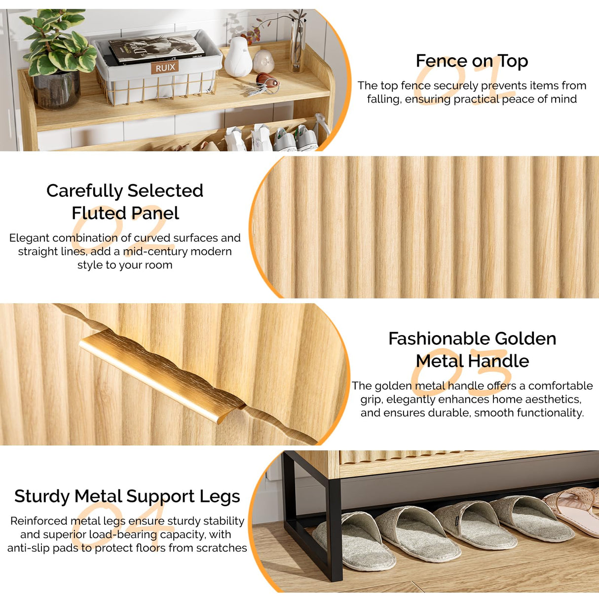 VINGLI Fluted Shoe Cabinet Storage for Entryway,Hidden Shoes Storage Cabinet with 2 Flip Drawers, Mid Century Modern Shoe Rack Organizer,Free Standing Shoes Organizer for Hallway(Natural Oak) VINGLI