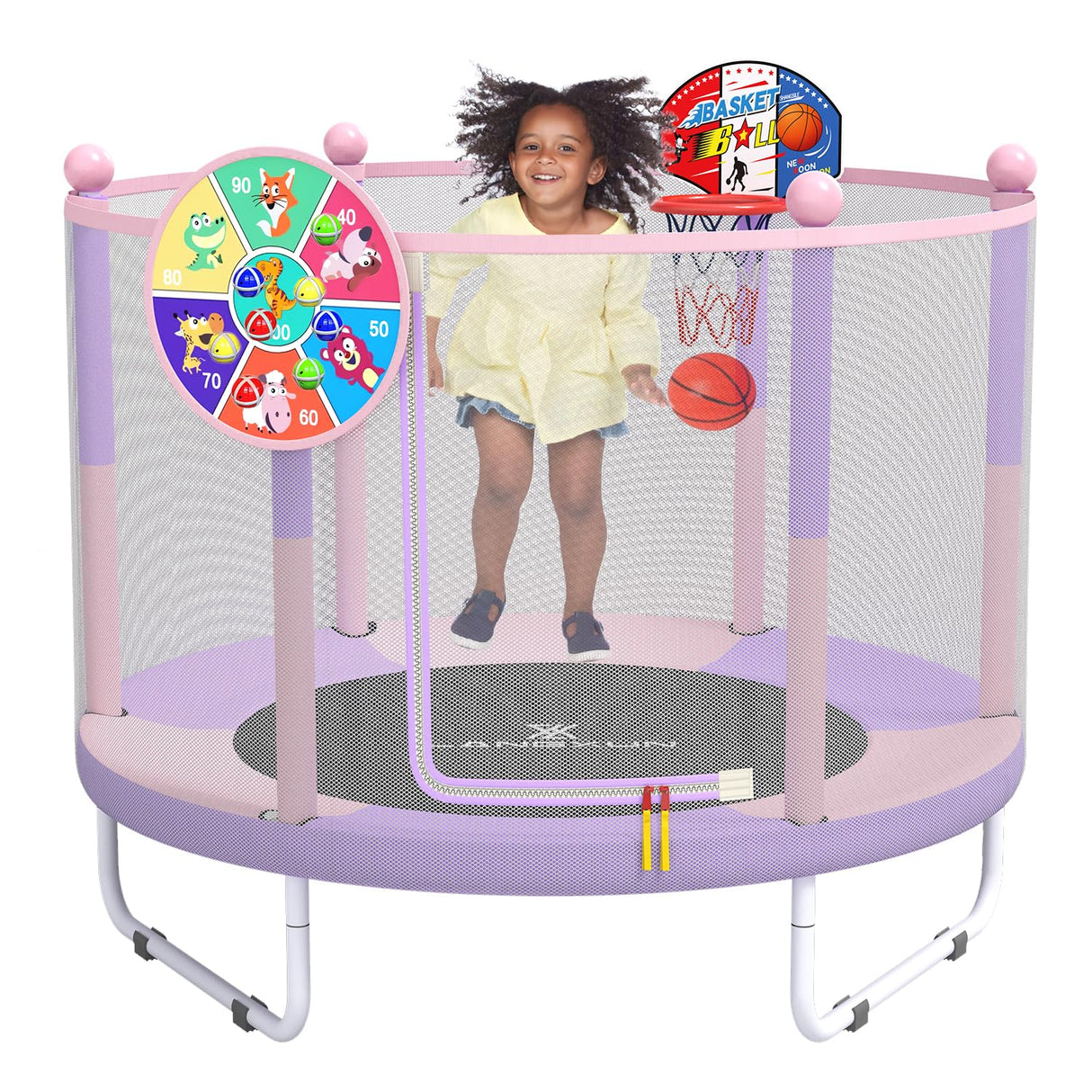 LANGXUN 60" Trampoline for Kids, 5ft Mini Toddler Indoor & Outdoor Trampoline with Net, Basketball Hoop & Dart Board, Birthday Gifts for Boys & Girls, Baby Toddler Christmas Toys (Pink & Purple) LANGXUN