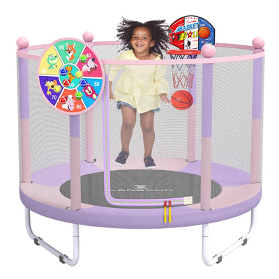 LANGXUN 60" Trampoline for Kids, 5ft Mini Toddler Indoor & Outdoor Trampoline with Net, Basketball Hoop & Dart Board, Birthday Gifts for Boys & Girls, Baby Toddler Christmas Toys (Pink & Purple)