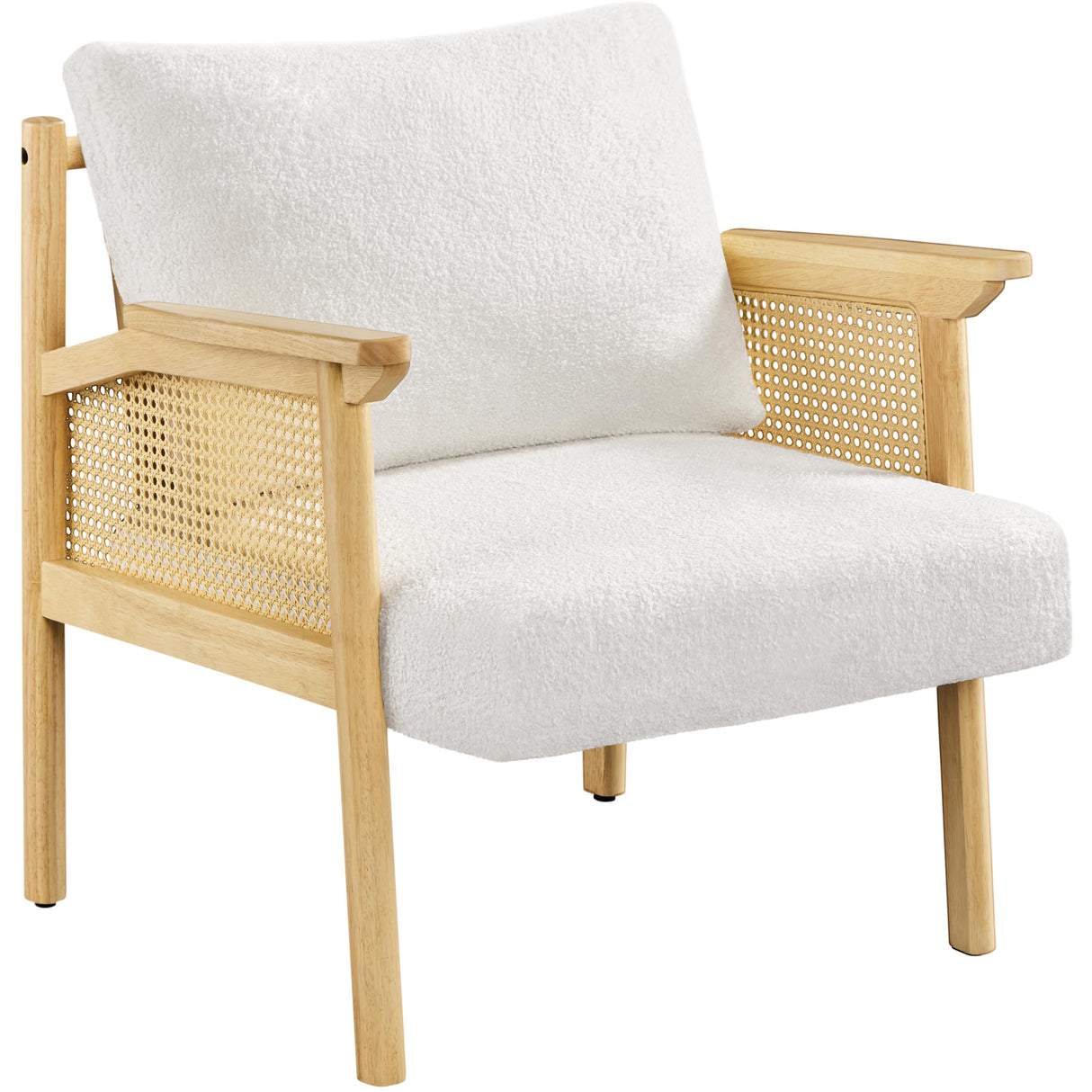 Yaheetech Accent Chair, Boucle Vanity Chair with Rattan Back Arms, Mid Century Chair Upholstered Living Room Chair Lounge Chair Bedroom Balcony White Yaheetech