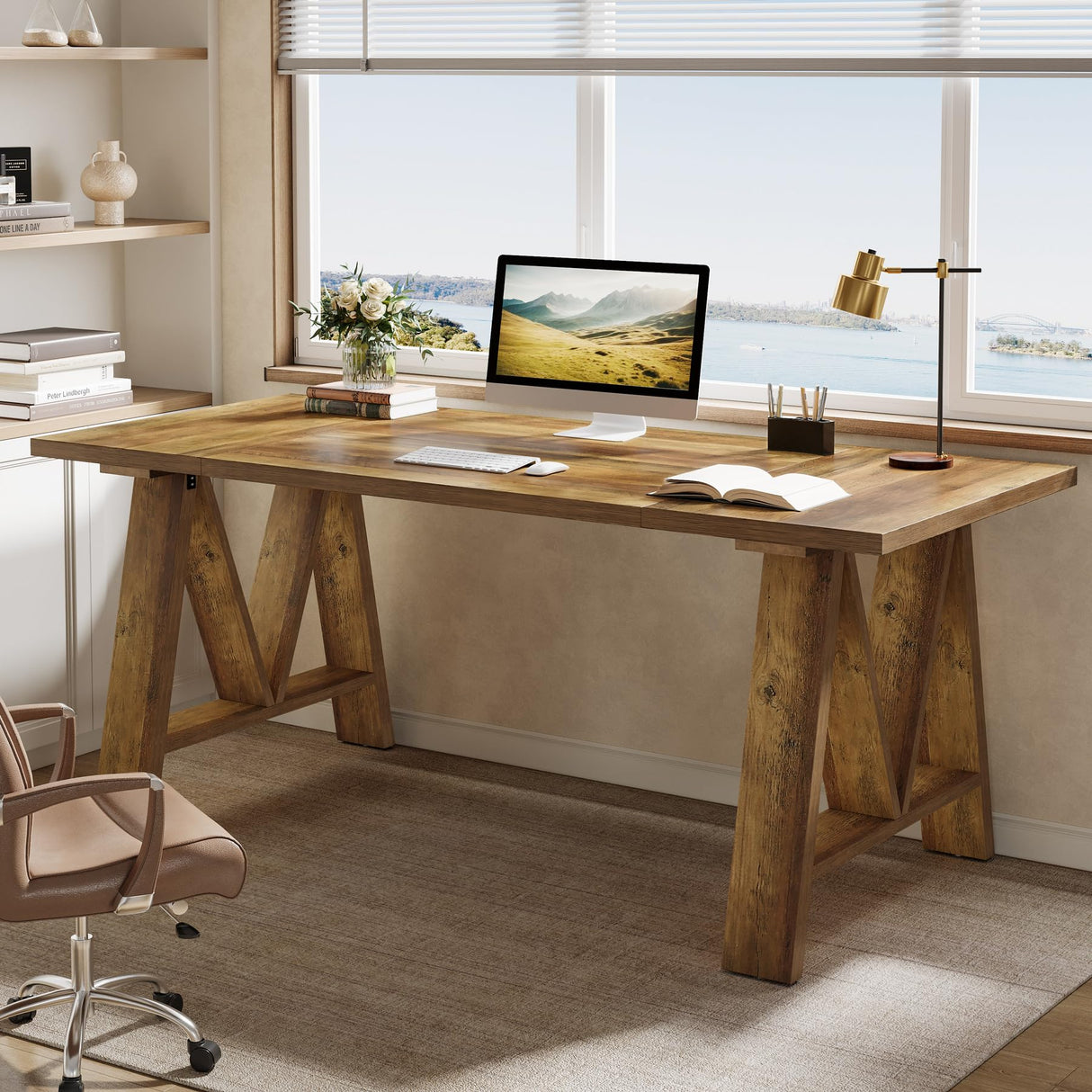 Tribesigns 63" Executive Desk, Farmhouse Wooden Office Computer Desk, Large Workstation Writing Table with Sturdy Legs for Home Office, Brown Tribesigns