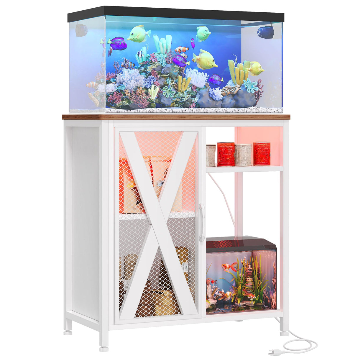 YITAHOME Fish Tank Stand with Power Outlets & LED Light, 20-29 Gallon Metal Aquarium Stand with Cabinet for Fish Tank Accessories Storage for Turtle Tank, Reptile Terrarium, 350LBS Capacity, White YITAHOME