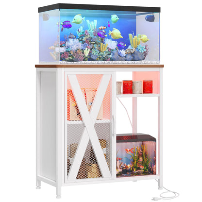 YITAHOME Fish Tank Stand with Power Outlets & LED Light, 20-29 Gallon Metal Aquarium Stand with Cabinet for Fish Tank Accessories Storage for Turtle Tank, Reptile Terrarium, 350LBS Capacity, White