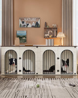 Hzuaneri 88.4" Dog Crate Furniture for 2 Dogs, Heavy Duty Indoor Dog Kennel TV Stand, XXL Wooden Dog Cage with Divider for Medium Large Dogs, End Table Dog Crate with Cushion, White Brown DFC84014BV1 Hzuaneri