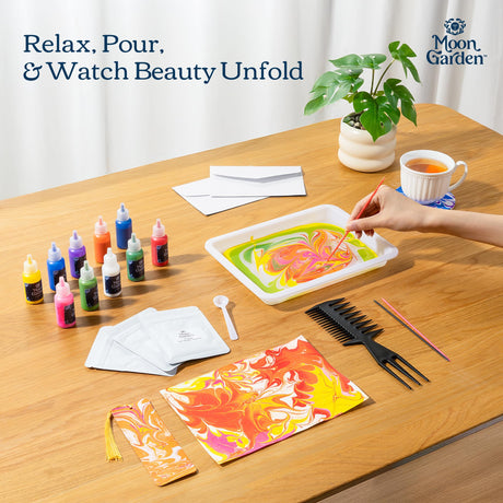 MoonGarden Marble Painting Coaster kit - Marble Painting Kit for Adults - 12 Color Paints, Ceramic Coasters, Bookmark Paper and Cardstock Paper - Relaxing and Creative DIY Activity Moon Garden