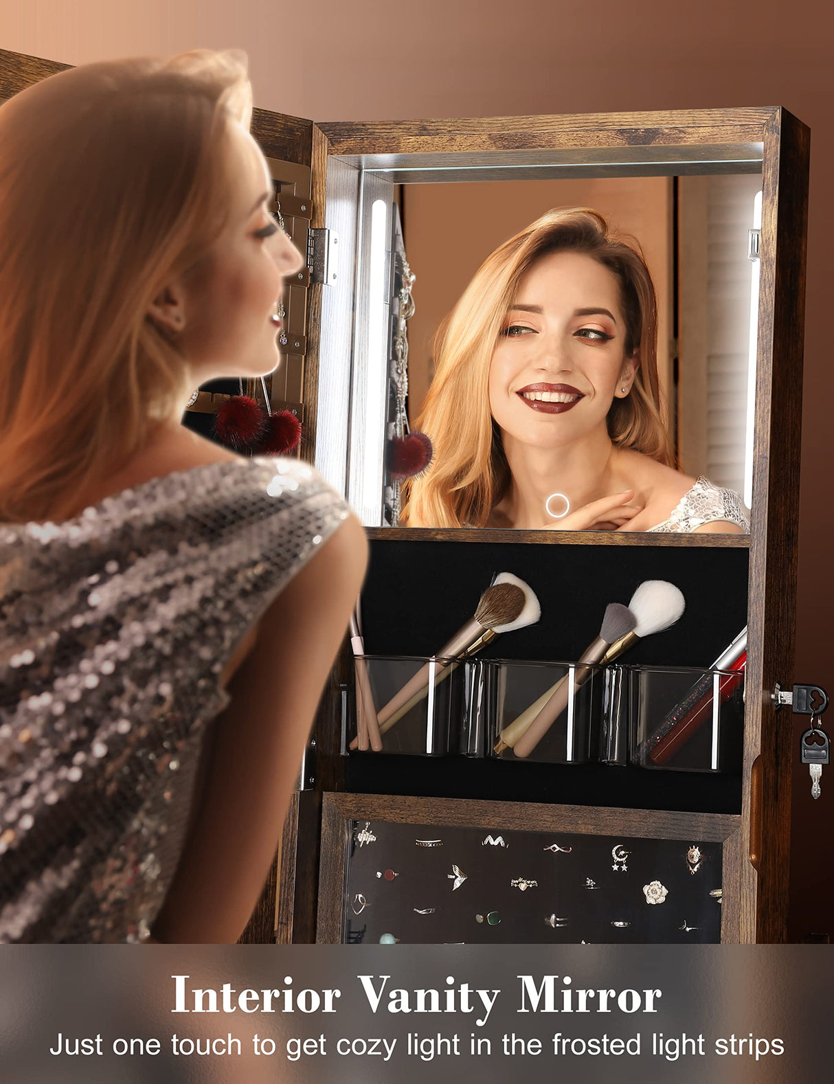 Nicetree 360° Swivel Jewelry Cabinet with Lights, Touch Screen Vanity Mirror, Rotatable Full Length Mirror with Jewelry Storage, Standing Jewelry Armoire Organizer, Christmas Gifts, Rustic Brown Nicetree