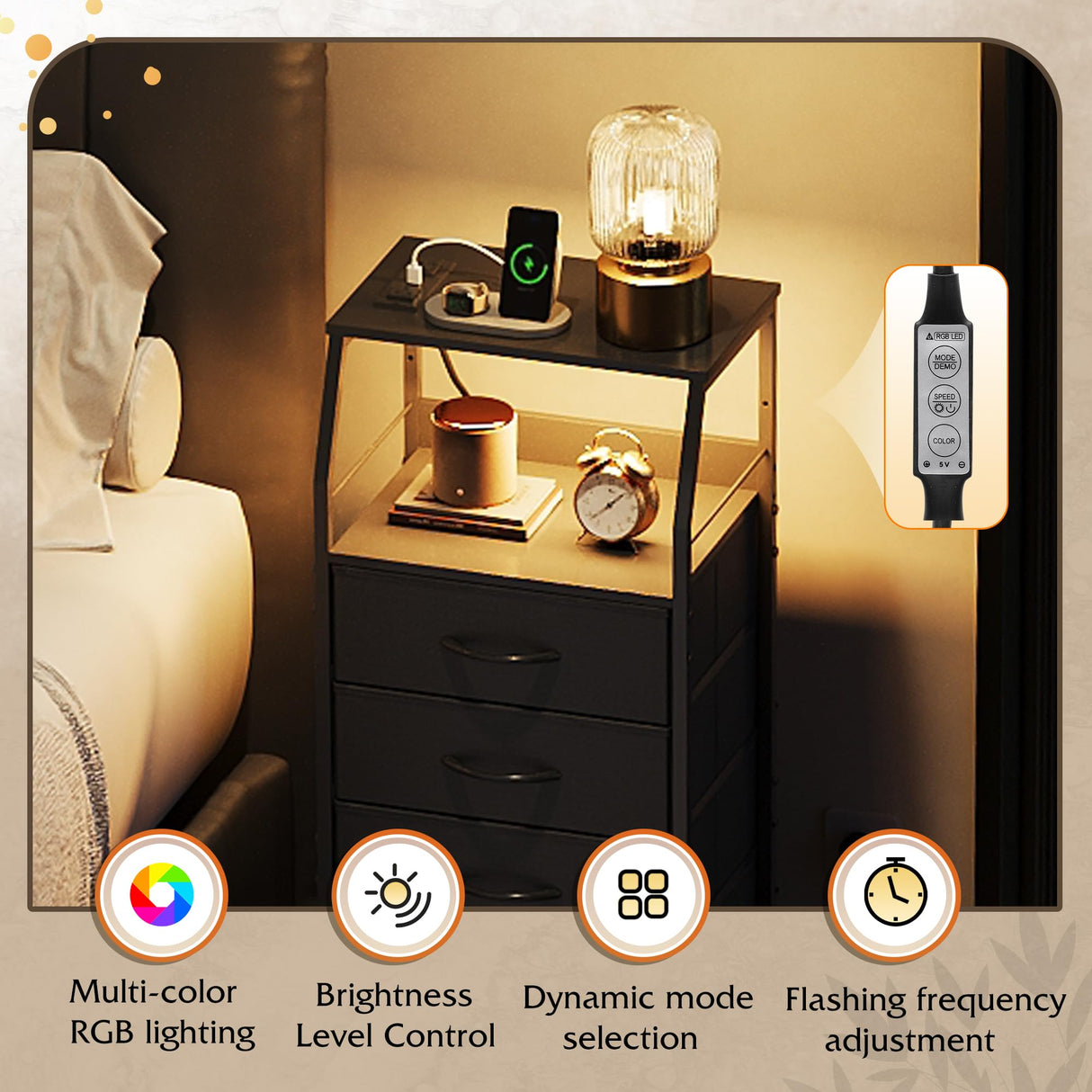 WLIVE Night Stand Set of 2 with Charger Station, Nightstand Sets with LED Light and 4 Storage Drawers, Tall Dressers for Bedroom, Bedside Tables with Fabric Bins, Wood Shelf, Metal Frame, Black WLIVE