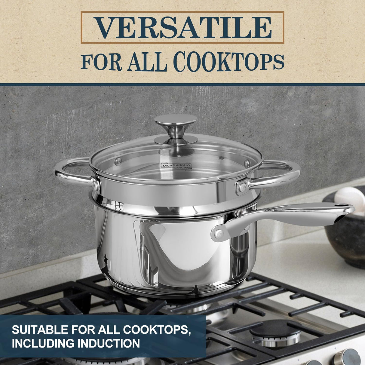 MICHELANGELO 3 Quart Saucepan with Lid & Steamer, Stainless Steel Sauce Pan with Triply Bottom, 3 QT Sauce Pot, Nonstick Saucepan Induction Compatible MICHELANGELO