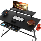 SHW 40 Inch Gaming Desk with Monitor Riser, Drawer and Hooks, Black SHW