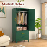 Metal Wardrobe Closet with 2 Doors & 2 Drawers, 71" Tall Armoire Wardrobe Closet with Hanging Rods and Adjustable Shelf, Steel Wardrobe Storage Cabinet for Bedroom-Green winiowa