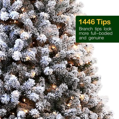 Hykolity 7.5 ft Snow Flocked Christmas Tree with Pine Cones, Artificial Christmas Tree wih 450 Warm White Lights, 1446 Tips, Metal Stand and Hinged Branches