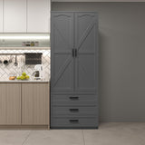 FJTJBSI 72" LED Kitchen Pantry Cabinet with 3 Drawers Farmhouse Tall Storage Cabinet Wood Food Pantry with Barn Doors and Adjustable Shelves Versatile Storage Freestanding Cupboard for Kitchen FJTJBSI