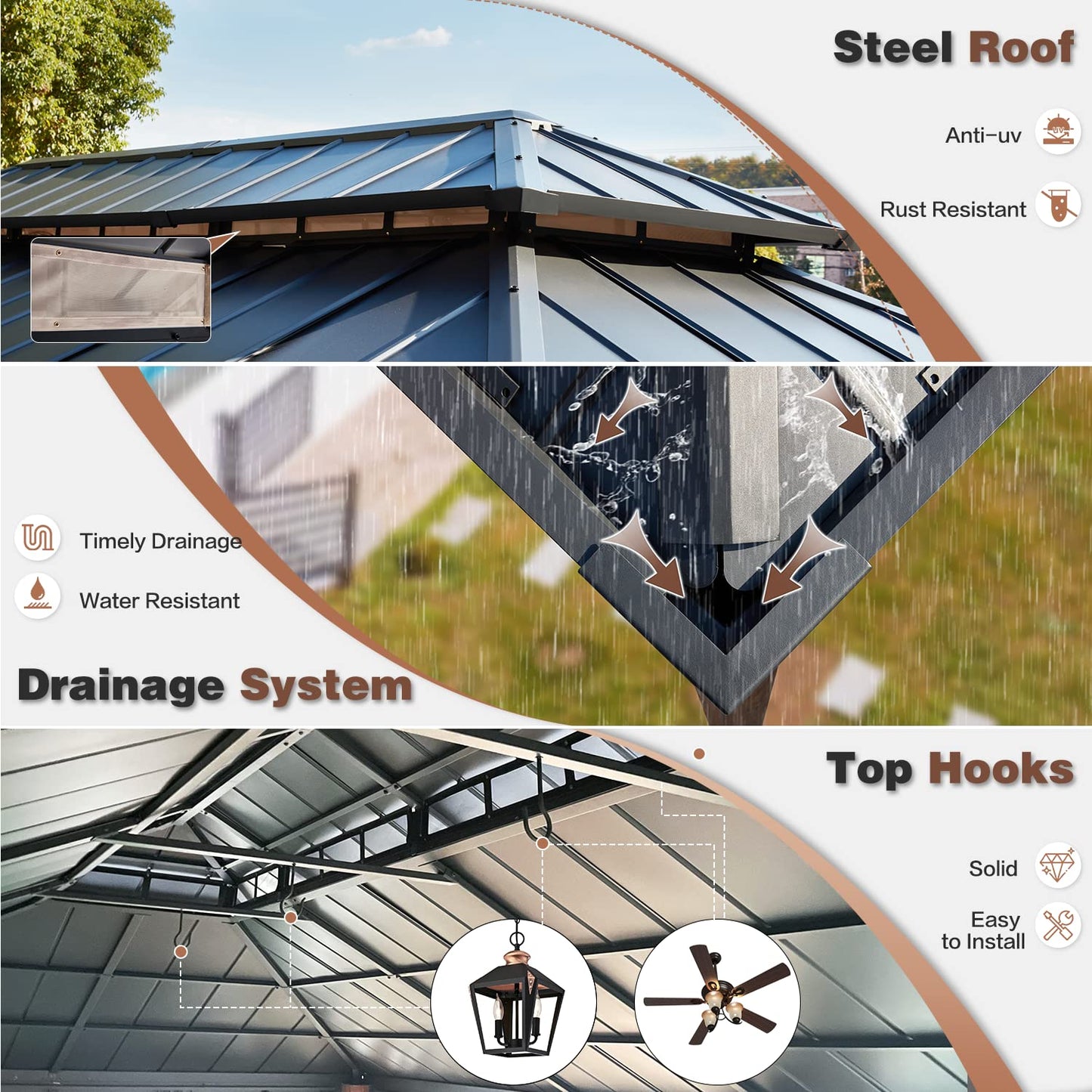 YOLENY 12' x 20' Ultra-Thick Faux Wood Grain Aluminum Frame Hardtop Gazebo, Vertical Stripe Galvanized Steel Double Roof, Outdoor Patio Gazebo