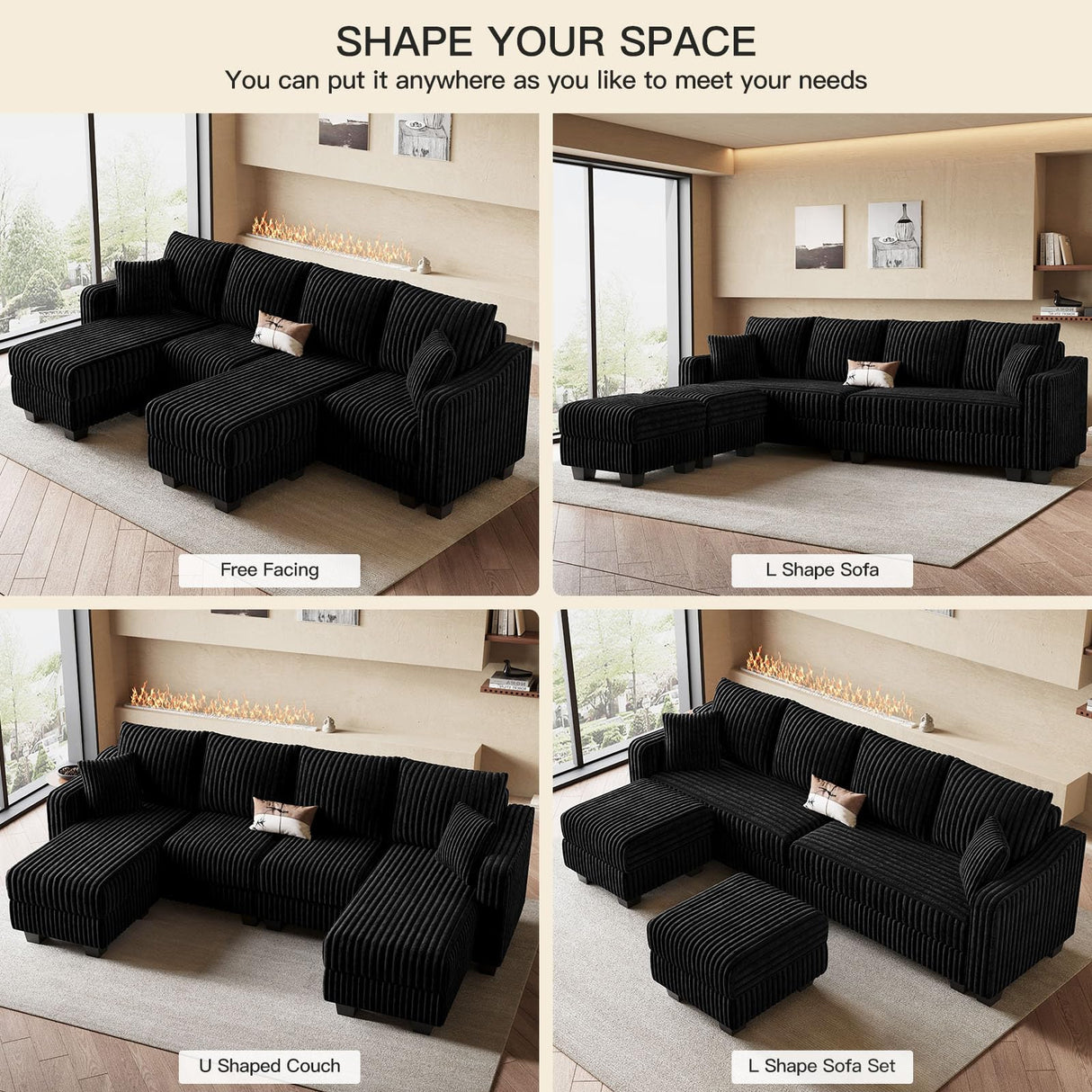 Belffin U Shaped Couch with Reversible Chaises Sectional Couches for Living Room Sectional Couch with Ottomans Corduroy (Black, U Shaped) Belffin