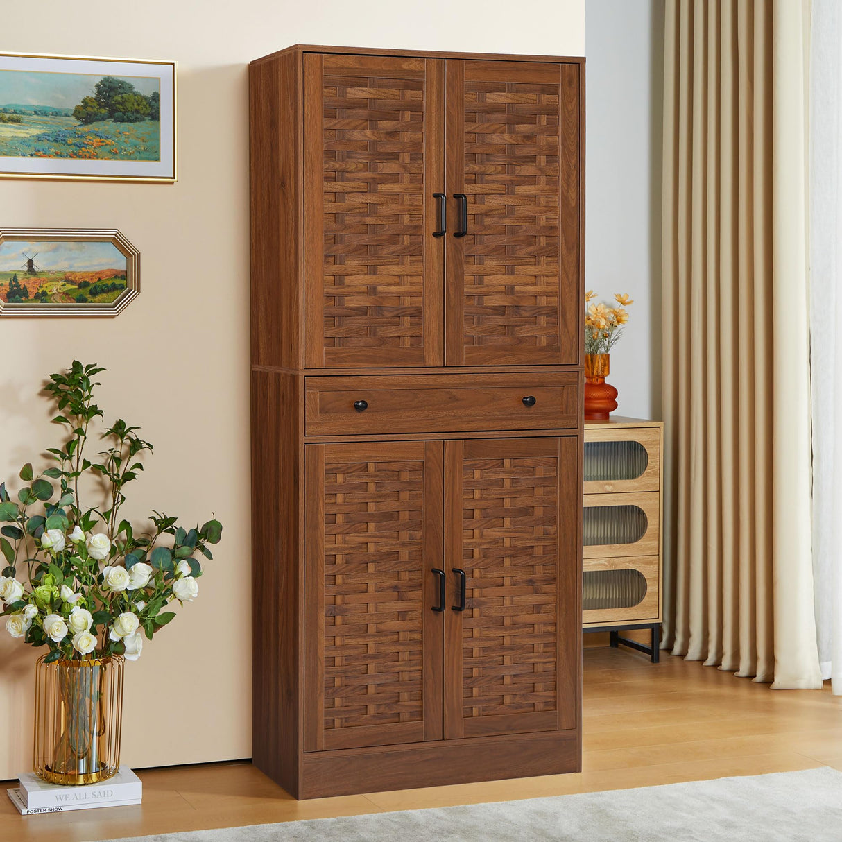 NVETHM Storage Cabinet, Kitchen Pantry, Freestanding Cabinet with Adjustable Shelve and drawer, Tall Cabinet for Living Room, Bedroom, Dinging Room, Office Room, Garage (Walnut) NVETHM